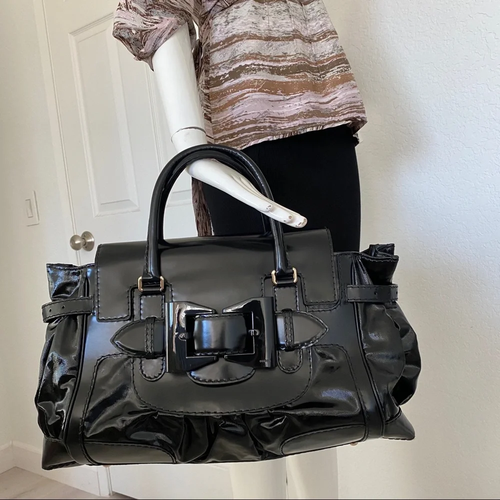 GUCCI Black Patent leather buckle bow Large Tote Bag